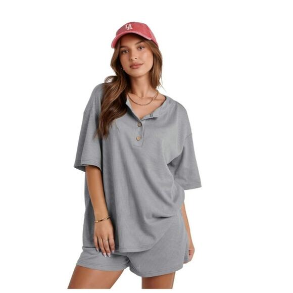 Vettres PJ Set Waffle Knit Women SZ XL 2 PC Gray Short Sleeve Crew Neck Shorts - Picture 1 of 8